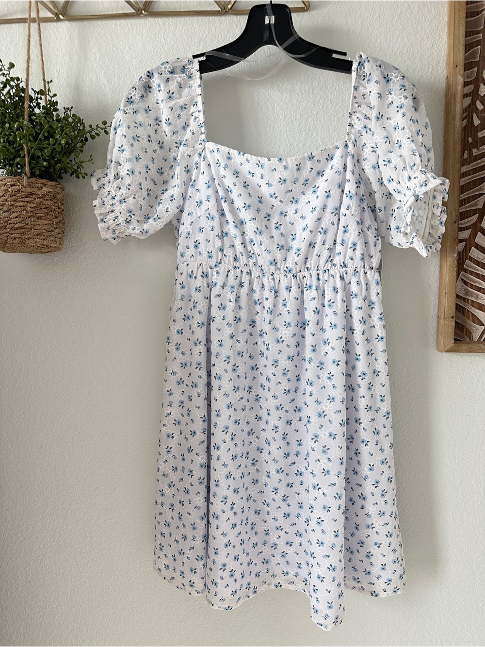 Light Blue Floral Puff Sleeve Mini Dress